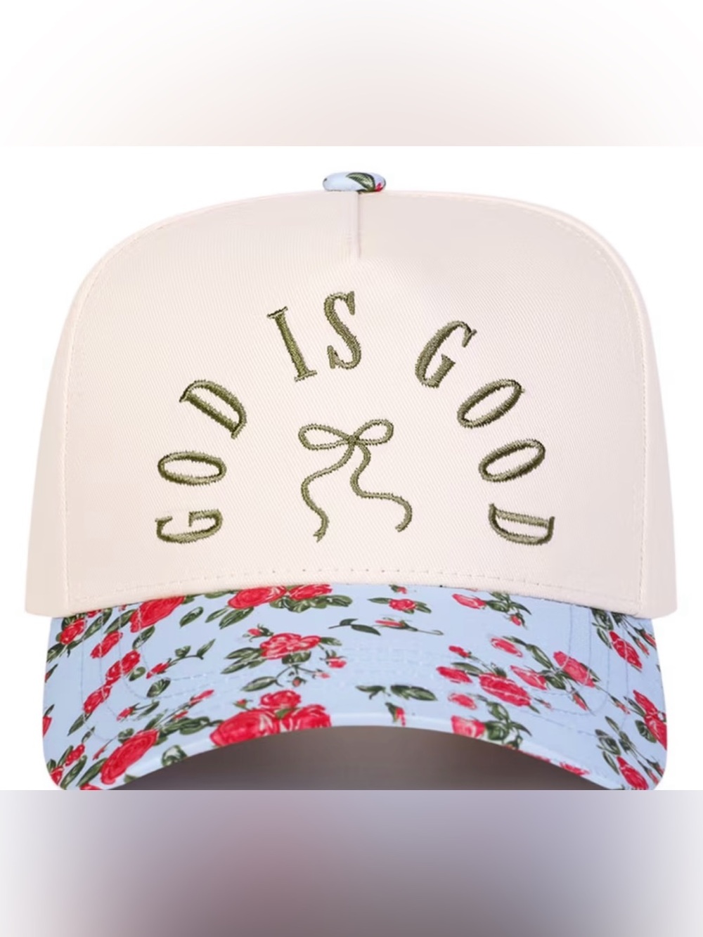 God Is Good Floral Baseball Cap - Cream & Red